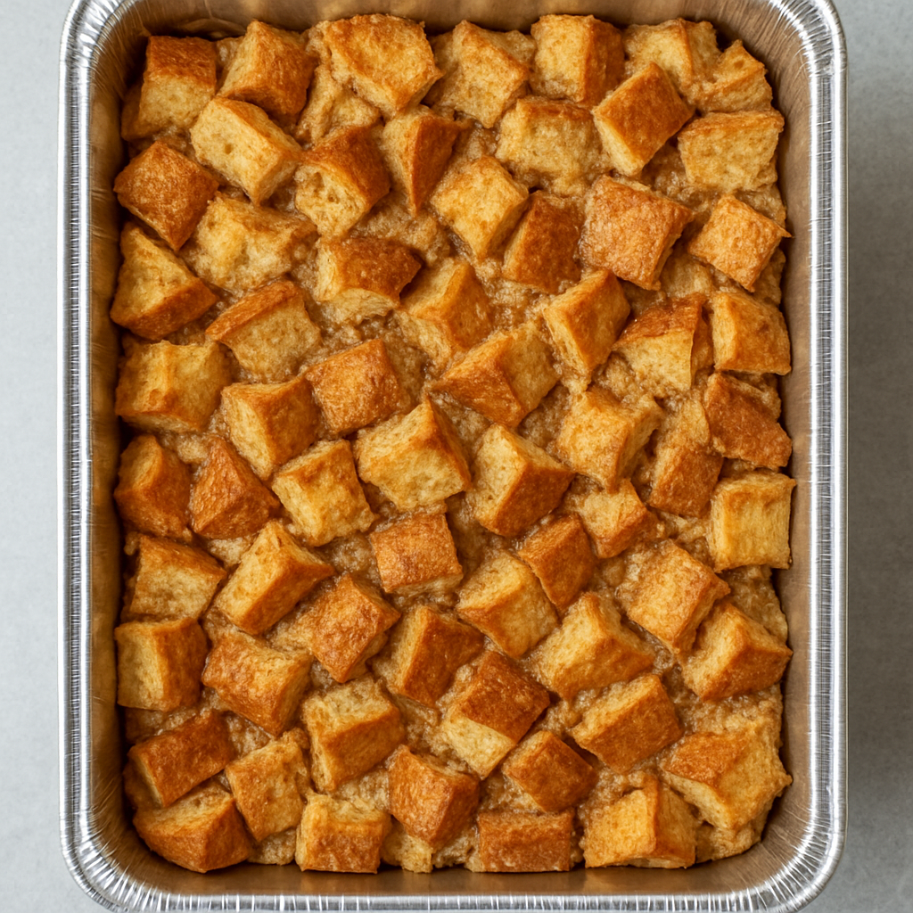 Baked bread cubes in a metal baking dish on a gray background